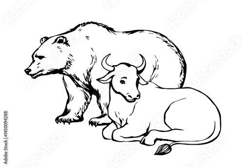 Vector drawing. Cute big cow with bear