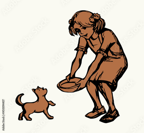 Vector Drawing. Girl feeding a cat