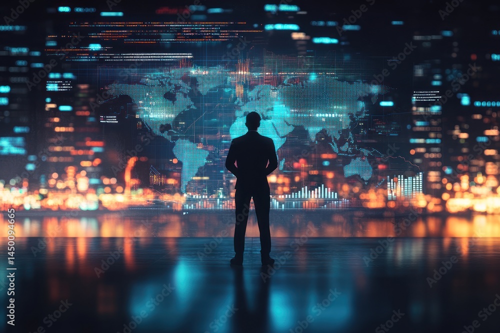 Businessman views global data projections Businessman views global data projections