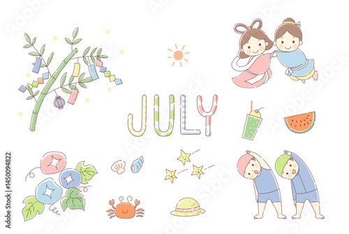 シンプルかわいい7月のイラストセット
