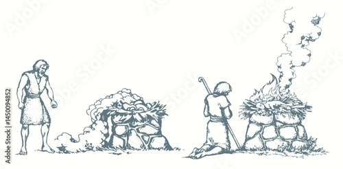 Vector drawing. Man Offers a Sacrifice to God