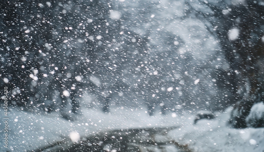 Blurred snowy winter scene with falling snowflakes and soft background of trees and path. Blurred snowy winter scene with falling snowflakes and soft background of trees and path.