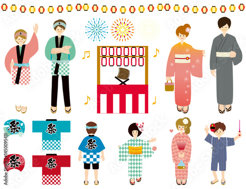 お祭りの人と櫓セット