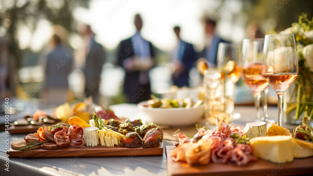 Fototapeta premium Elegant outdoor reception with charcuterie boards and rosé wine, creating a sophisticated and inviting atmosphere for socializing.