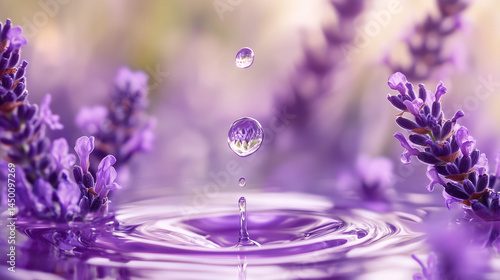 Wallpaper Mural Clear water droplet swirl ripple surface with blooming lavender close-up on blur flowers background. Torontodigital.ca