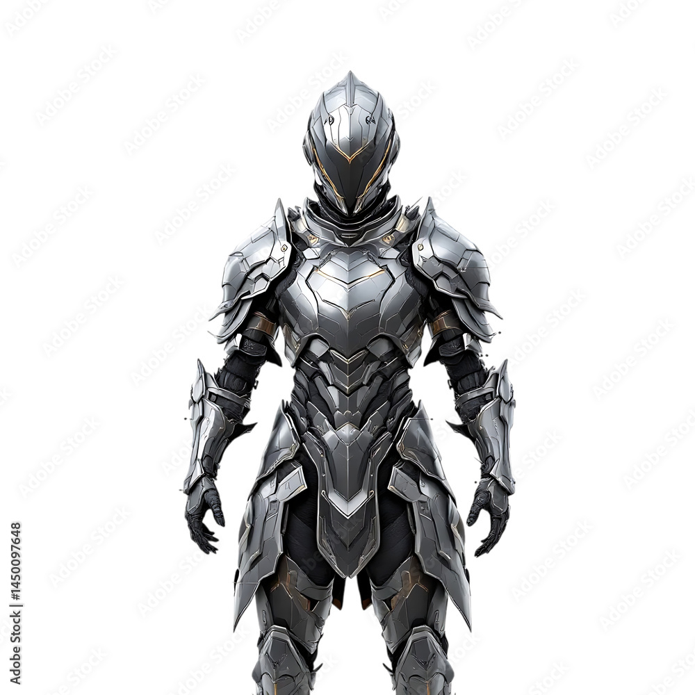 Futuristic silver knight armor, 3D render. Futuristic silver knight armor, 3D render.