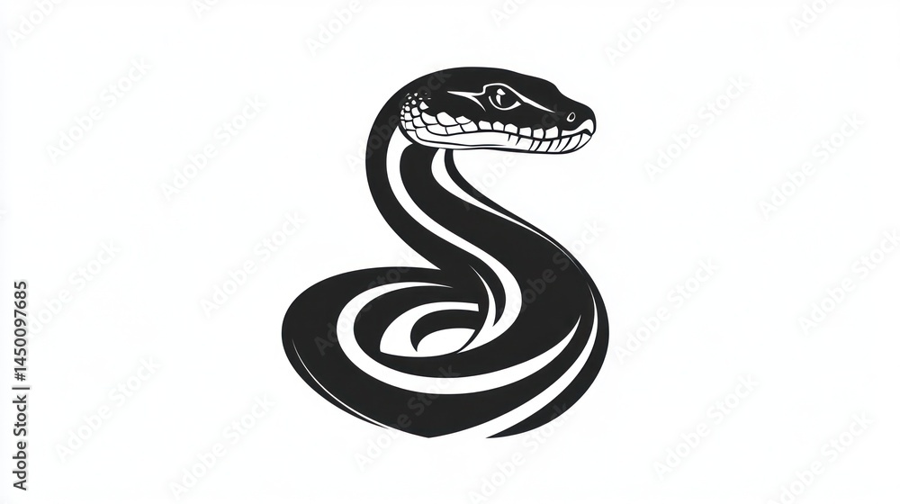 Fototapeta premium Snake illustration, black and white, coiled, symbolic, tattoo design, background is plain, vector art, graphic, poster