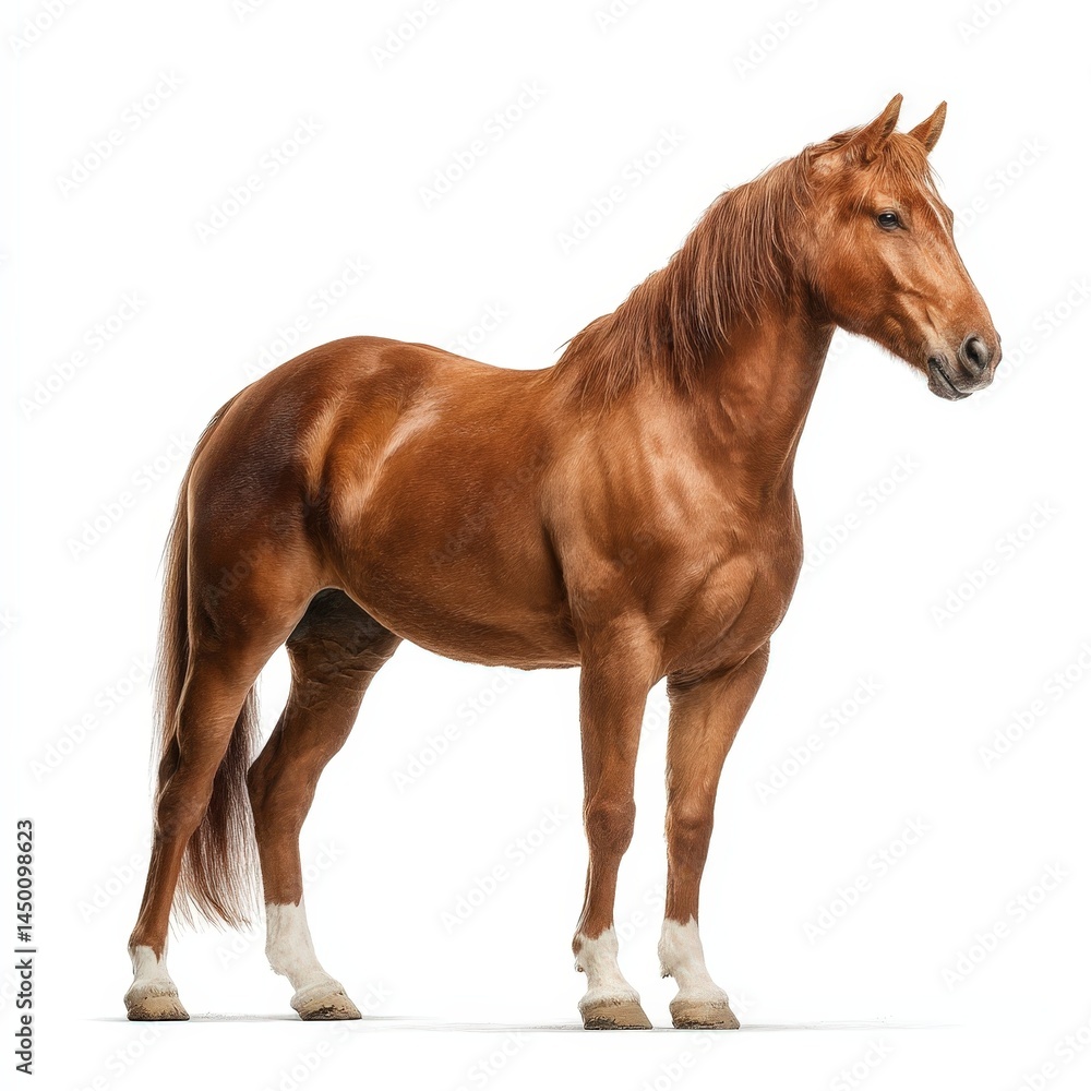 Obraz premium A Strong Chestnut Horse Standing Profile View Isolated on White Background Perfect for Equestrian Stock