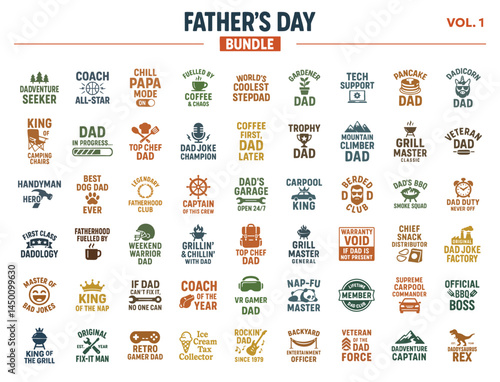 A high-resolution Father's Day T-shirt design bundle featuring 54 unique retro-style illustrations and typographic slogans for dads.