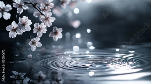 Wallpaper Mural Clear water droplet swirl ripple surface with blooming flowers sakura cherry blossom in night scenery. Torontodigital.ca