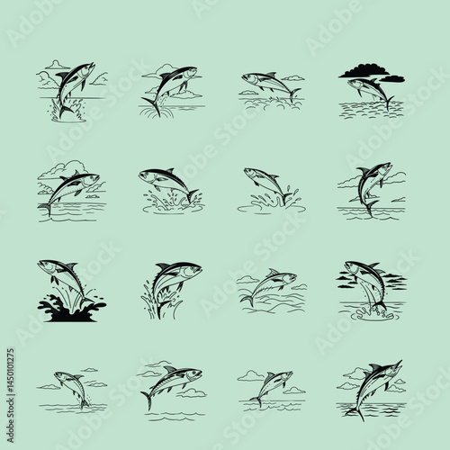 tuna fish design, labeled line and fill art vector silhouette illustration.