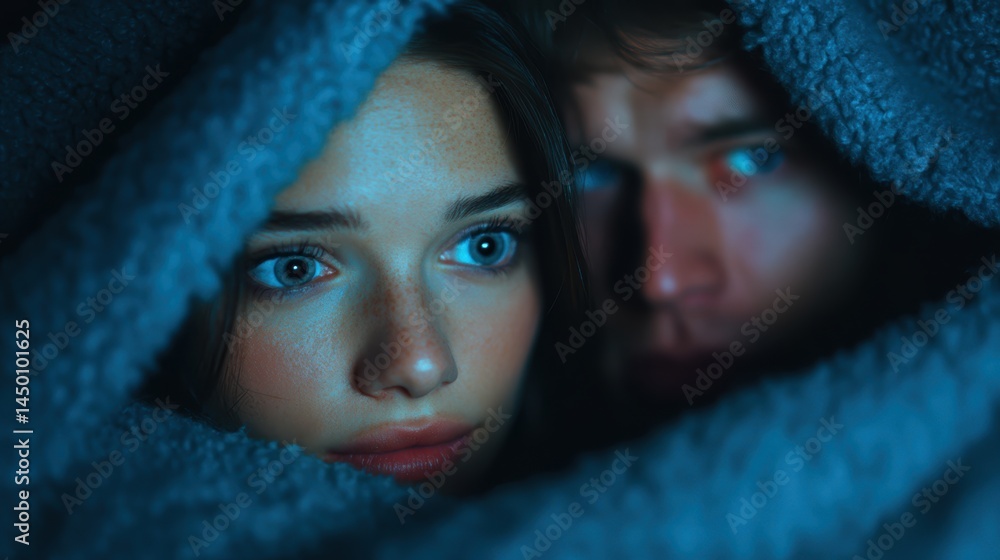 Couple watching movie on couch under blanket Couple watching movie on couch under blanket