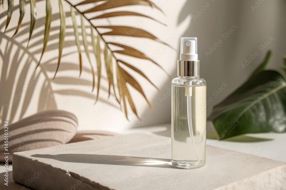 Fototapeta premium Skin toner bottle with a shadow of leaf in background (clean aesthetic)