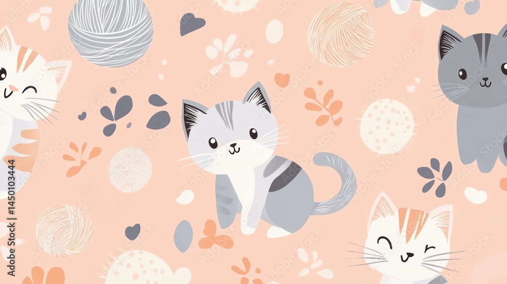 Obraz premium Pastel cats and yarn pattern background design.