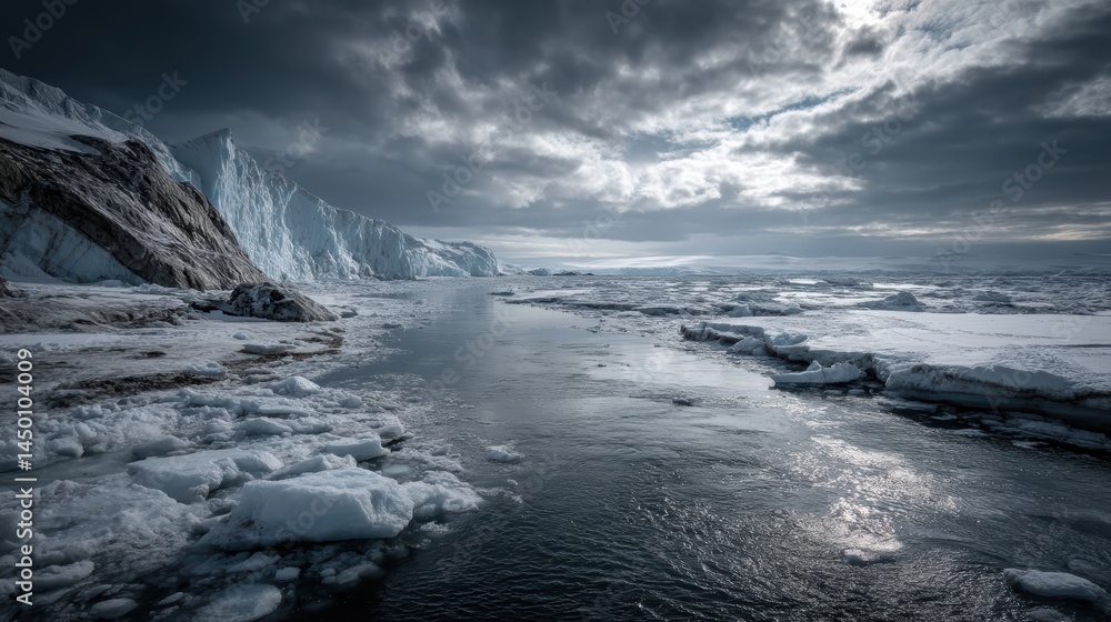 Fototapeta premium A pristine glacier meeting the ocean under dramatic clouds, with icy blue textures and melting streams running into the sea