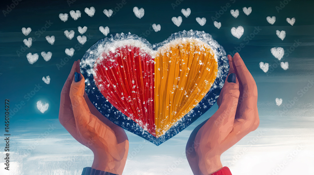 A vibrant red and gold heart, adorned with delicate snow, cradled by caring hands.