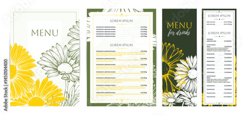 Elegant food and drinks menu designs. Restaurant menu template. Beautiful vector A4 format with high quality flowers for print and online usage. Saturated hand drawn line art daisies illustrations.