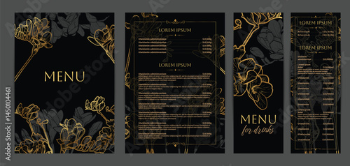Luxurious food and drinks menu designs. Restaurant menu template. Elegant vector A4 format with high quality flowers for print and online usage. Golden hand drawn line art freesia illustrations.