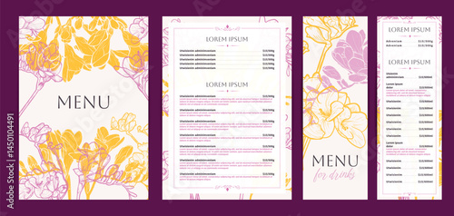 Elegant food and drinks menu designs. Restaurant menu template. Beautiful vector A4 format with high quality flowers for print and online usage. Saturated hand drawn line art freesias illustrations.