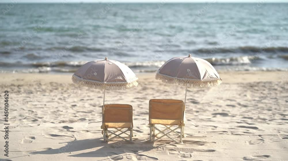 Beach Chairs Under a Parasol two matching beach chairs,children's size.A fringed parasol is set up above them, providing shade.The chairs face the calm ocean under a blue sky with some clouds.