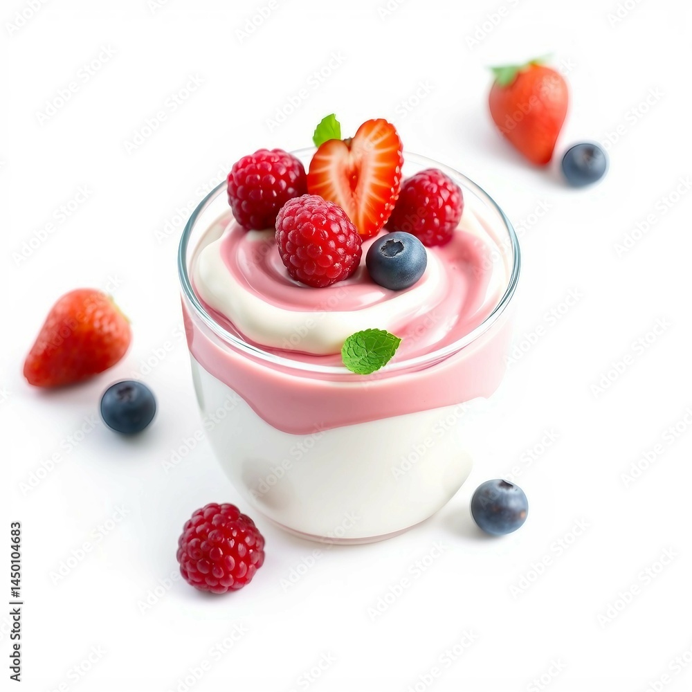 Cremiger Joghurt mit frischen Beeren, dekorativ angerichtet im Glas auf weißem Hintergrund – perfekt für gesunde Foodillustrationen. Cremiger Joghurt mit frischen Beeren, dekorativ angerichtet im Glas auf weißem Hintergrund – perfekt für gesunde Foodillustrationen.