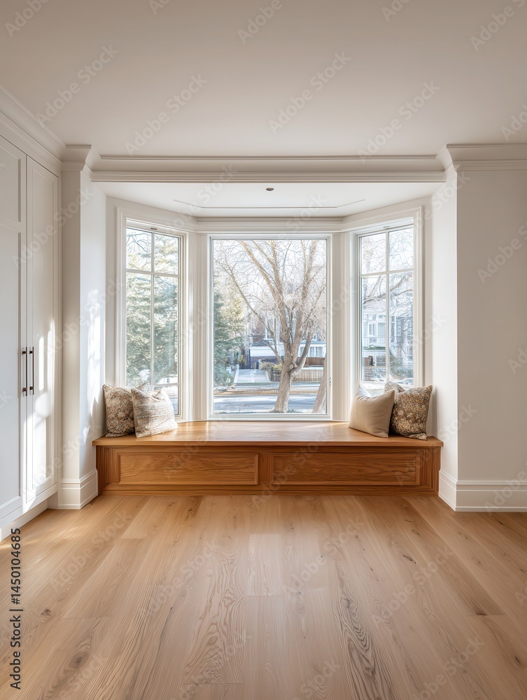 Fototapeta premium A stunning image of natural light fills an empty room with light oak flooring and white walls. A large bay window features a cozy wooden seat, creating a warm and inviting.
