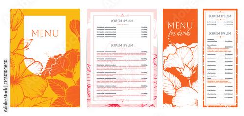Elegant food and drinks menu designs. Restaurant menu template. Beautiful vector A4 format with high quality flowers for print and online usage. Pastel hand drawn line art hibiscus illustrations.