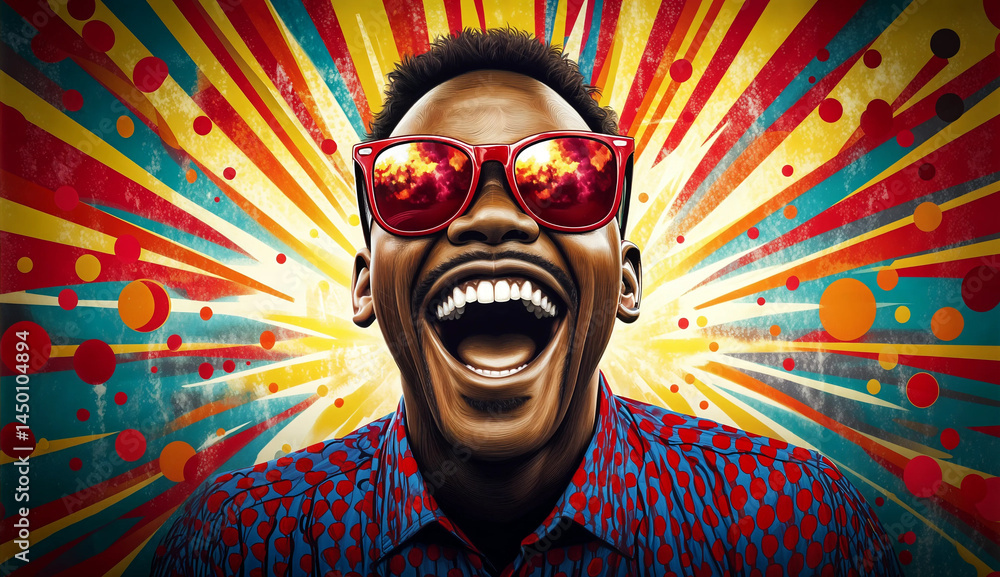 A vibrant portrait of a man radiating joy, his wide smile and expressive eyes capturing the essence of laughter.