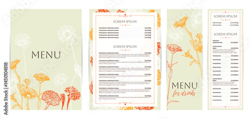 Elegant food and drinks menu designs. Restaurant menu template. Beautiful vector A4 format with high quality flowers for print and online usage. Saturated hand drawn line art marigold illustrations.