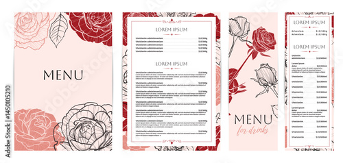 Elegant food and drinks menu designs. Restaurant menu template. Beautiful vector A4 format with high quality flowers for print and online usage. Saturated hand drawn line art red roses illustrations.