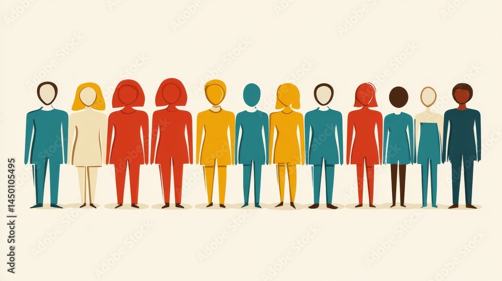 Diverse figures in simple silhouettes, various colors, and standing in a row. Diverse figures in simple silhouettes, various colors, and standing in a row.
