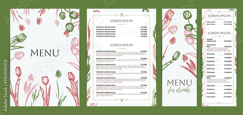 Playful food and drinks menu designs. Restaurant menu template. Beautiful vector A4 format with high quality flowers for print and online usage. Saturated hand drawn line art tulips illustrations.