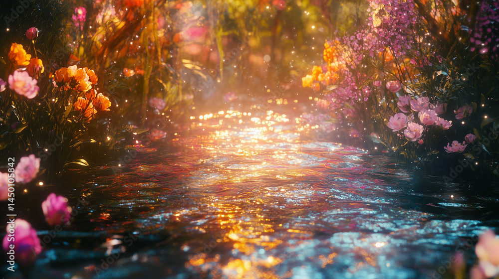 Obraz premium Beam of light shine through forest trees flowers create a dreamy magical fantasy scene.