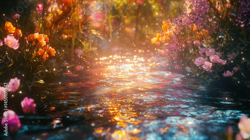 Wallpaper Mural Beam of light shine through forest trees flowers create a dreamy magical fantasy scene. Torontodigital.ca