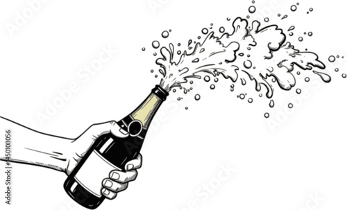  Champagne bottle with exploding drink in a hand drawn illustration vector style