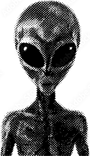 Alien halftone bitmap collage element on transparent background, Alien y2k collage element, Extraterrestrial grunge photocopy magazine clipping with isolated clipping path