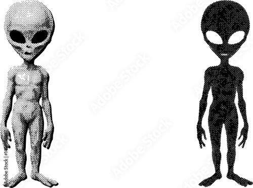 Alien halftone bitmap collage element on transparent background, Alien y2k collage element, Extraterrestrial grunge photocopy magazine clipping with isolated clipping path
