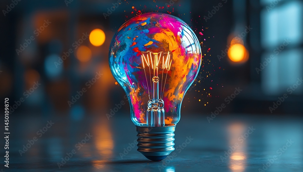 Colorful light bulb with paint splashes and artistic elements, symbolizing creativity in design thinking for innovative ideas. Copy space available Colorful light bulb with paint splashes and artistic elements, symbolizing creativity in design thinking for innovative ideas. Copy space available