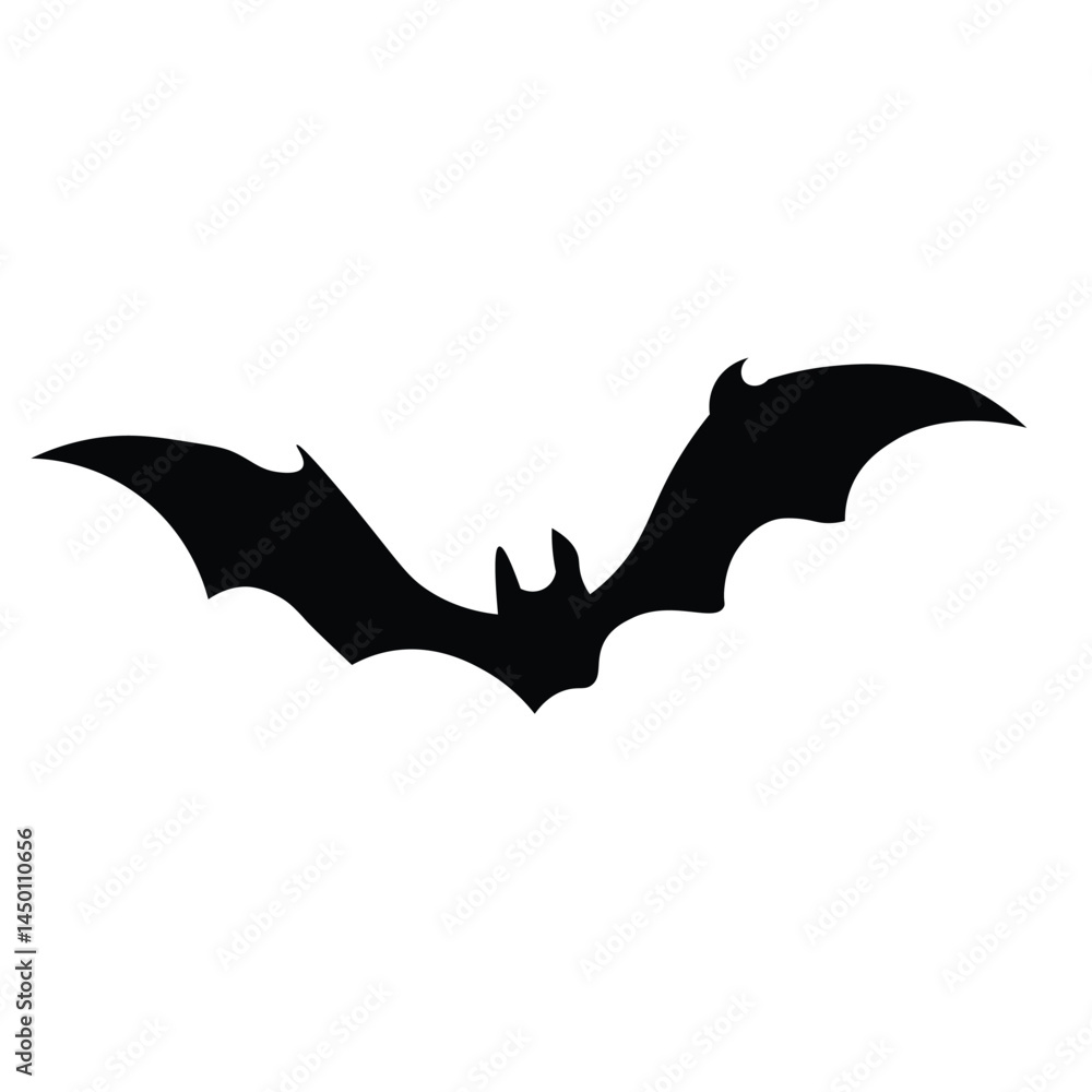 Vector illustration of a black bat silhouette, a Halloween icon, flying as a cartoon animal art symbol on a white design background Vector illustration of a black bat silhouette, a Halloween icon, flying as a cartoon animal art symbol on a white design background