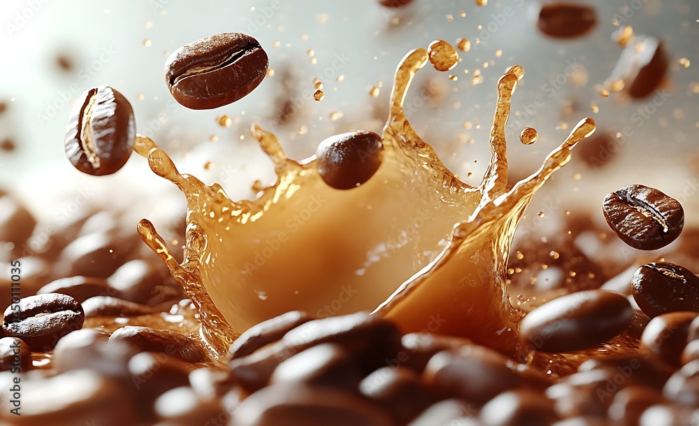 Coffee beans and a coffee splash, isolated on a white background Coffee beans and a coffee splash, isolated on a white background