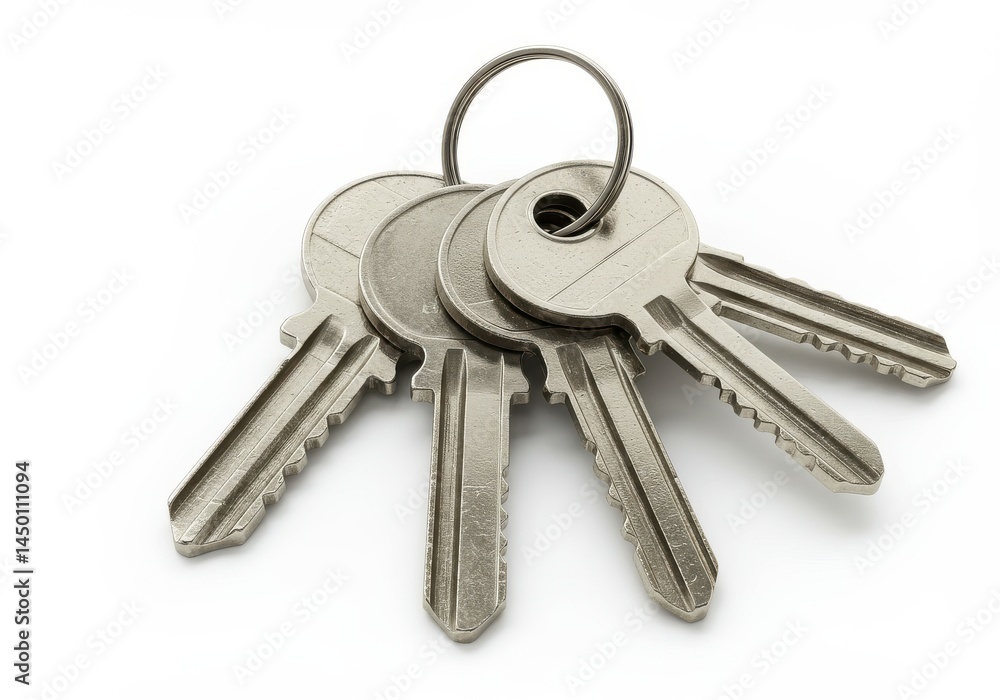 Bunch of silver keys with ring on white background Bunch of silver keys with ring on white background