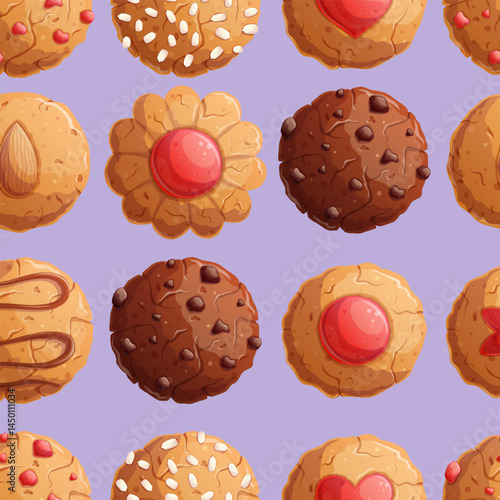 Seamless cookie pattern. The concept of a pastry shop, bakery, and cooking. Vector illustration for the design of postcards, clothing, textiles, banners, posters