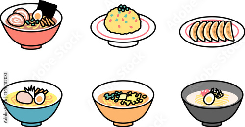 シンプルなラーメンのバリエーションセットのイラスト