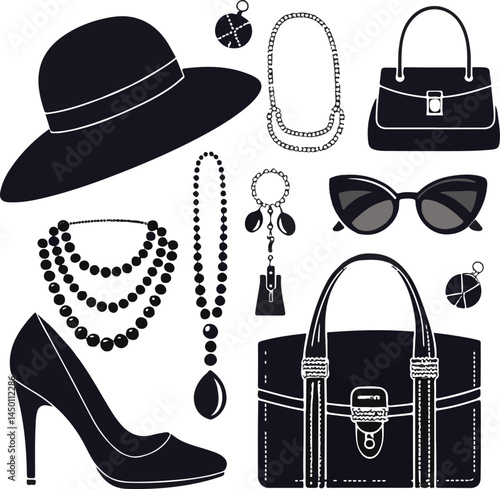 Fashion Accessories Silhouette Vector Set – Stylish Women’s Hat, Bags, Jewelry, Heels, and Sunglasses