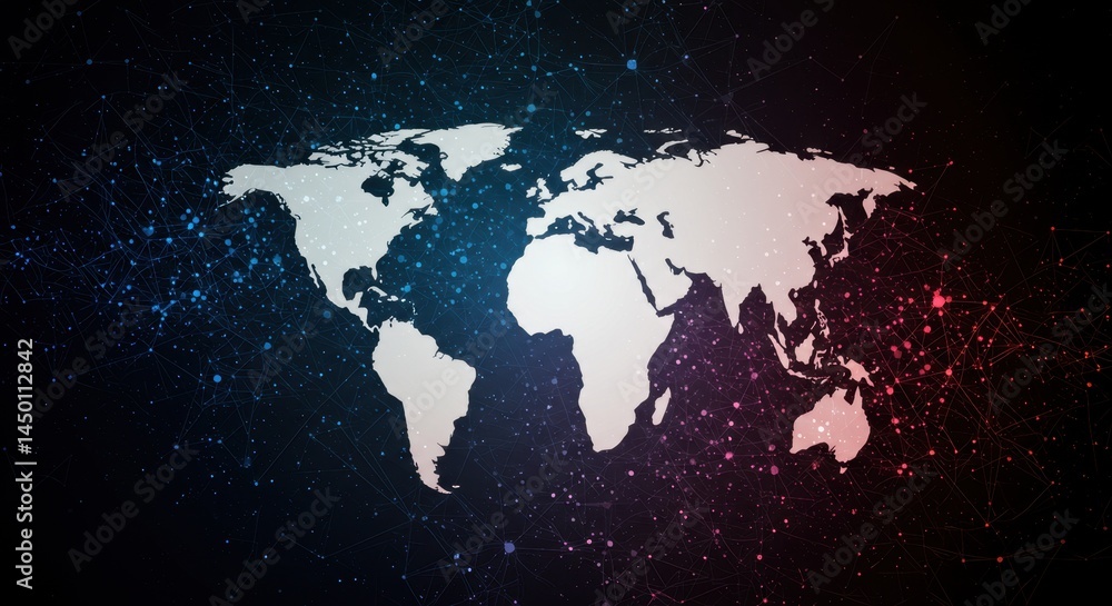 Fototapeta premium Global Network Connections: A World Map Illuminated by Interconnected Data Points