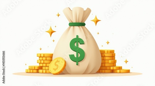 Cartoon money bag with dollar sign and gold coins sparkling illustration