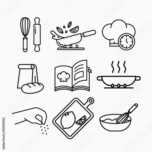 Collection of cookware icons featuring pots, pans, utensils, and kitchen tools. Perfect for recipe design, cooking apps, restaurant menus, and culinary branding.
