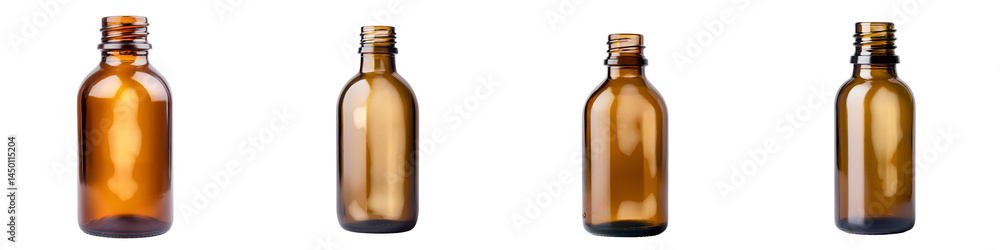A group of amber glass bottles or containers on a white background. long_title:A collection of clear, amber-colored glass bottles or containers A group of amber glass bottles or containers on a white background. long_title:A collection of clear, amber-colored glass bottles or containers