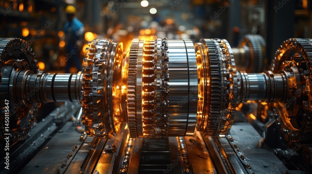 Metal machinery part with gears and shafts in a blurred industrial setting. Metal machinery part with gears and shafts in a blurred industrial setting.