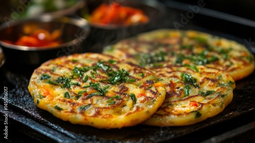 Delicious Golden Vegetable Pancakes Cooking On Griddle